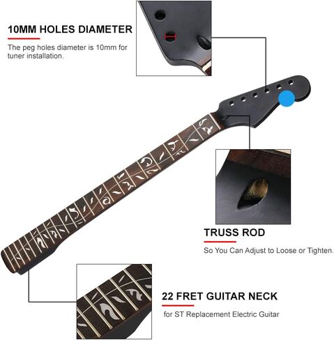 22 Fret ST رقبة جيتار كهربائي من خشب القيقب الكندي، نحت شجرة الحياة لأصابع خشب الورد، أسود غير لامع، نصف قطر لوحة الفريتس 14 بوصة، صامولة عظمية in Kuwait