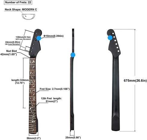 22 Fret ST رقبة جيتار كهربائي من خشب القيقب الكندي، نحت شجرة الحياة لأصابع خشب الورد، أسود غير لامع، نصف قطر لوحة الفريتس 14 بوصة، صامولة عظمية in Kuwait