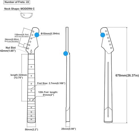22 Fret ST رقبة جيتار كهربائي من خشب القيقب الكندي، لوحة أصابع من خشب الورد، بني لامع، نصف قطر لوحة الفريتس 14 بوصة، صامولة عظمية in Kuwait