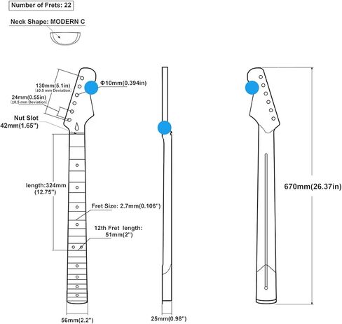 22 Fret ST رقبة جيتار كهربائي من خشب القيقب الكندي، بني لامع، علامات مصنوعة من أصداف ملونة، رقبة جيتار كهربائي، نصف قطر لوحة الفريتس 14 بوصة، صامولة عظمية in Kuwait