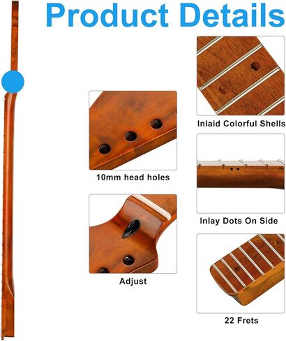 22 Fret ST رقبة جيتار كهربائي من خشب القيقب الكندي، بني لامع، علامات مصنوعة من أصداف ملونة، رقبة جيتار كهربائي، نصف قطر لوحة الفريتس 14 بوصة، صامولة عظمية in Kuwait
