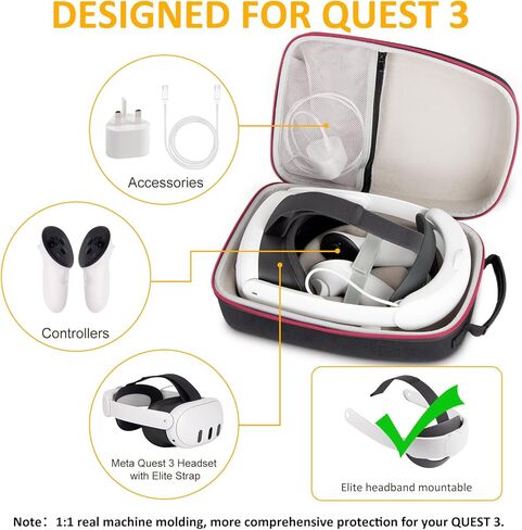 حقيبة حمل صلبة لجهاز Meta Quest 3، ملحق متوافق مع Meta Quest 3 مع عصابة رأس ELITE، وحدة تحكم تعمل باللمس وغيرها من الملحقات، تصميم أنيق للسفر، أسود in Saudi Arabia