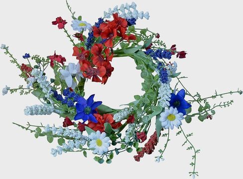 10 Inch Patriotic Red, White and Blue Artificial Floral Candle Ring, Candle Holder for Pillar Candles and Glass Hurricanes Red White Blue Green in Saudi Arabia