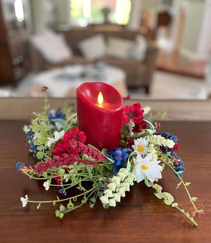10 Inch Patriotic Red, White and Blue Artificial Floral Candle Ring, Candle Holder for Pillar Candles and Glass Hurricanes Red White Blue Green in Saudi Arabia