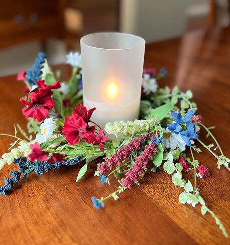 10 Inch Patriotic Red, White and Blue Artificial Floral Candle Ring, Candle Holder for Pillar Candles and Glass Hurricanes Red White Blue Green in Saudi Arabia