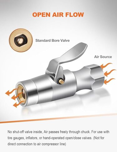 قفل ظرف الهواء، قفل بفكين فولاذيين للخدمة الشاقة على ظرف الهواء لأي إطارات صمام شريدر - لا يوجد تسرب للهواء، مصنف حتى 150 رطل لكل بوصة مربعة - 1/4 NPT متضمن - تدفق مفتوح in Kuwait