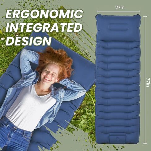 ropoda Upgraded Extra Thickness 6'' Inflatable Sleeping Pad with Pillow, Built-in Foot Pump, 77''*27'' Camping Pad with Carry Bag, Ultralight & Compact Camping Mat Pad for Hiking, Blue in Saudi Arabia