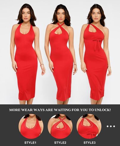 Popilush The Shapewear Dress 4 طرق لارتداء فستان صيفي هالتر - فستان ضمادة مع ملابس داخلية مدمجة 2024 in Kuwait