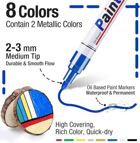 علامة بيضاء دائمة مقاومة للماء - 8 علامات طلاء بيضاء للأسطح المعدنية إطار ورق أسود من الخشب والبلاستيك والصخور، علامة بيضاء دائمة، علامات طلاء زيتية بيضاء متوسطة الطرف in Kuwait
