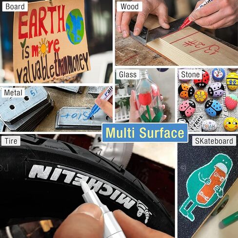 علامة بيضاء دائمة مقاومة للماء - 8 علامات طلاء بيضاء للأسطح المعدنية إطار ورق أسود من الخشب والبلاستيك والصخور، علامة بيضاء دائمة، علامات طلاء زيتية بيضاء متوسطة الطرف in Kuwait