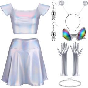 Panitay 8 Pcs Halloween Alien Costume for Women Holographic Metallic Skirt and Top Headband Glove Glasses Earring Necklace in Kuwait