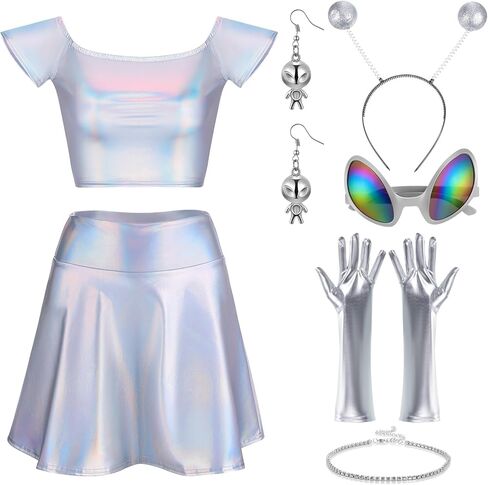 Panitay 8 Pcs Halloween Alien Costume for Women Holographic Metallic Skirt and Top Headband Glove Glasses Earring Necklace in Kuwait
