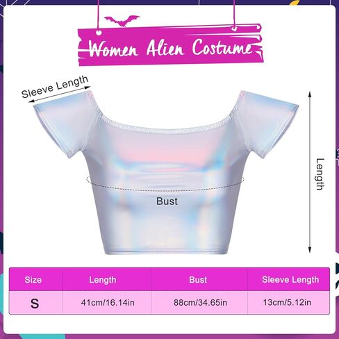 Panitay 8 Pcs Halloween Alien Costume for Women Holographic Metallic Skirt and Top Headband Glove Glasses Earring Necklace in Kuwait