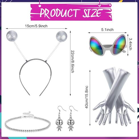 Panitay 8 Pcs Halloween Alien Costume for Women Holographic Metallic Skirt and Top Headband Glove Glasses Earring Necklace in Kuwait