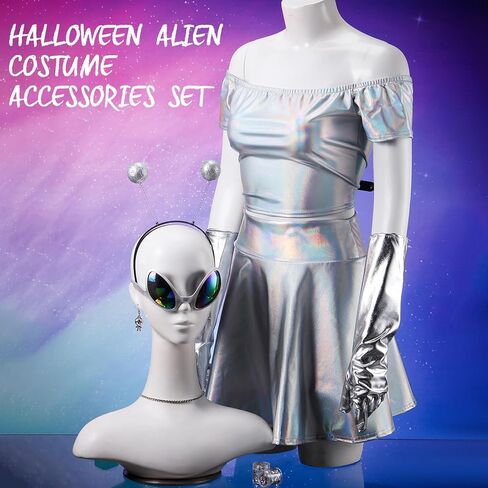 Panitay 8 Pcs Halloween Alien Costume for Women Holographic Metallic Skirt and Top Headband Glove Glasses Earring Necklace in Kuwait