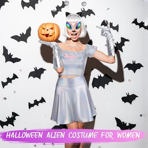 Panitay 8 Pcs Halloween Alien Costume for Women Holographic Metallic Skirt and Top Headband Glove Glasses Earring Necklace in Kuwait