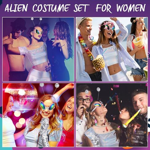 Panitay 8 Pcs Halloween Alien Costume for Women Holographic Metallic Skirt and Top Headband Glove Glasses Earring Necklace in Kuwait