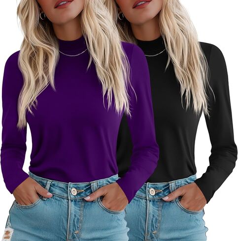 Ficerd 2 Pack قمصان نسائية ذات رقبة وهمية، قمصان ذات أكمام طويلة وياقة مدورة كاجوال مريحة، تي شيرت عصري قابل للتمدد in Kuwait