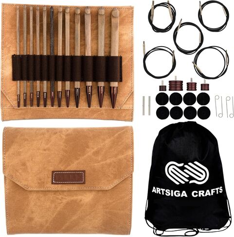 Lykke Driftwood 6-Inch (15cm) Interchangeable Crochet Hook Set Birchwood Set US E4, F5, G6, 7, H8, I9, J10, K10.5, L11, M13, N15, P16 Includes Grey Denim Case Bundled with 1 Artsiga Crafts Project Bag in Kuwait