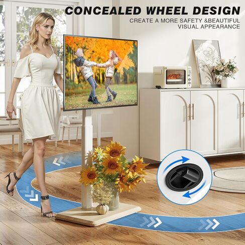 Rfiver Sleek Rolling TV Stand with Power Outlet for Home Decor, Height Adjustable Portable TV Stand on Wheels for 32-70 Inch TVs, Strong Tall Mobile TV Cart with Mount Up to 88 lbs, White in Kuwait