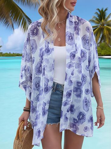 WEIYAN Women's Tops Loose Chiffon Kimono Cardigan Beach Swim Cover up Blouse in Kuwait