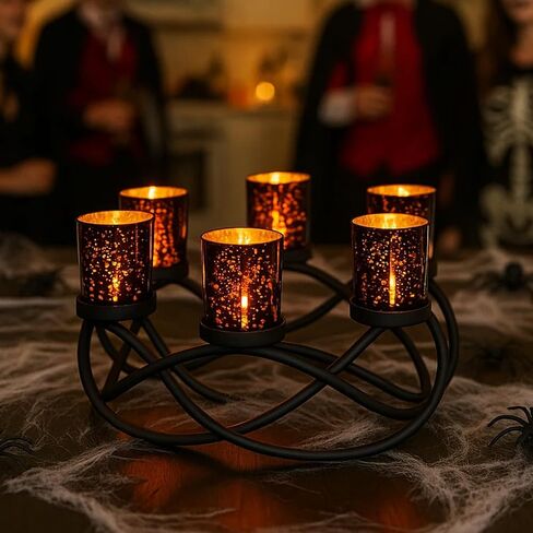 Seraphic Iron Round Table Decor Centerpiece Decorations Candle Holder for Halloween, Weddings, Outdoor Patio, Kitchen, Dining Room, and Coffee Tables, Votive Tealight Holders, Black, 6 Black Cups in Kuwait