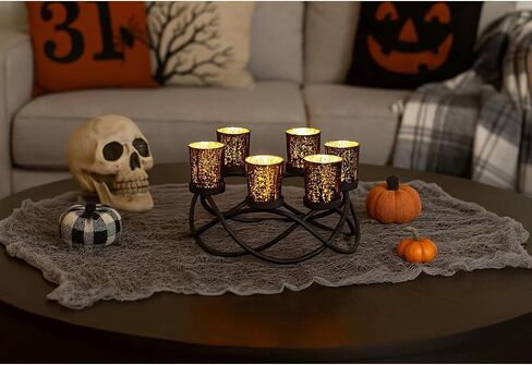 Seraphic Iron Round Table Decor Centerpiece Decorations Candle Holder for Halloween, Weddings, Outdoor Patio, Kitchen, Dining Room, and Coffee Tables, Votive Tealight Holders, Black, 6 Black Cups in Kuwait