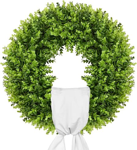 23" Faux Round Boxwood Wreath, Vlorart Artificial Wreath Front Door Wreaths Spring Summer Greenery Hanging with A Plaid Bow for Front Door Wall Hanging Window Wedding Party Decor in Saudi Arabia