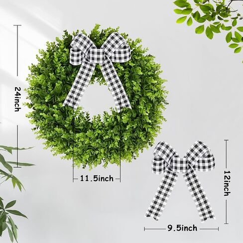 23" Faux Round Boxwood Wreath, Vlorart Artificial Wreath Front Door Wreaths Spring Summer Greenery Hanging with A Plaid Bow for Front Door Wall Hanging Window Wedding Party Decor in Saudi Arabia