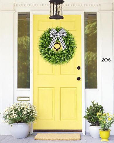 23" Faux Round Boxwood Wreath, Vlorart Artificial Wreath Front Door Wreaths Spring Summer Greenery Hanging with A Plaid Bow for Front Door Wall Hanging Window Wedding Party Decor in Saudi Arabia