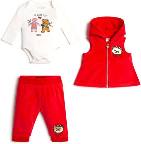GUESS Baby Girl Metallic and Puff Printed Bodysuit and Velour Vest and Bottom 3 Piece Set in Saudi Arabia