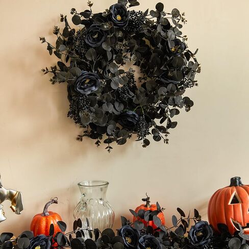 PARTY JOY 6.56ft Halloween Decorations Black Garland with Flowers 8 Black Roses, Floral Garland Greenery Garland for Indoor Outdoor Backdrop Wall Fall Decor for Home in Kuwait