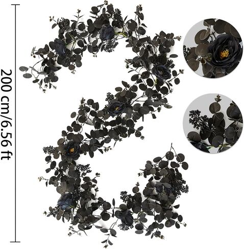 PARTY JOY 6.56ft Halloween Decorations Black Garland with Flowers 8 Black Roses, Floral Garland Greenery Garland for Indoor Outdoor Backdrop Wall Fall Decor for Home in Kuwait