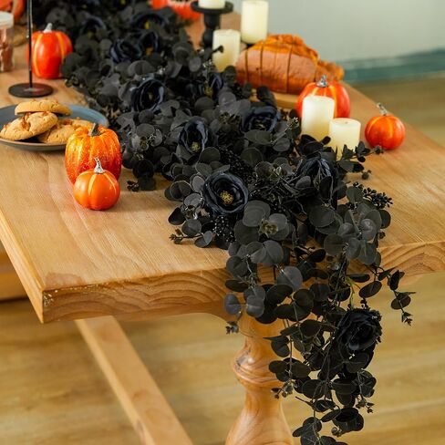 PARTY JOY 6.56ft Halloween Decorations Black Garland with Flowers 8 Black Roses, Floral Garland Greenery Garland for Indoor Outdoor Backdrop Wall Fall Decor for Home in Kuwait