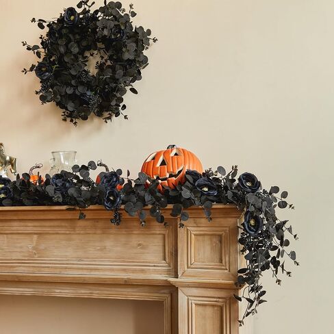 PARTY JOY 6.56ft Halloween Decorations Black Garland with Flowers 8 Black Roses, Floral Garland Greenery Garland for Indoor Outdoor Backdrop Wall Fall Decor for Home in Kuwait