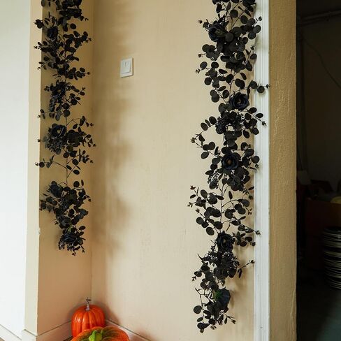PARTY JOY 6.56ft Halloween Decorations Black Garland with Flowers 8 Black Roses, Floral Garland Greenery Garland for Indoor Outdoor Backdrop Wall Fall Decor for Home in Kuwait