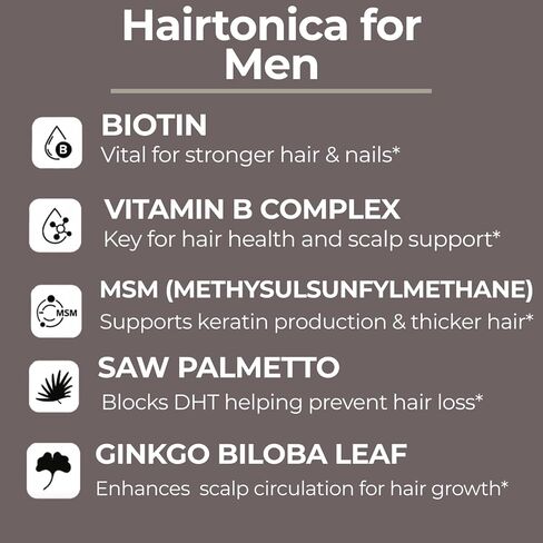 Hair Vitamins for Men Beard Growth MSM Powder Saw Palmetto Hairtonica | Extra Strength 315,000 mcg Biotin Keratin Collagen | May Help Support Hair Loss Greying & Thinning | 60 ct in Kuwait