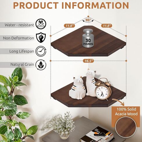 Corner Shelf Wall Mount, Set of 2 Solid Acacia Wood 11.8 x 16.5 inches Floating Corner Shelves, Smooth - Durable - Attractive Corner Shelves for Bedroom Living Room Bathroom Kitchen (Black) in Kuwait