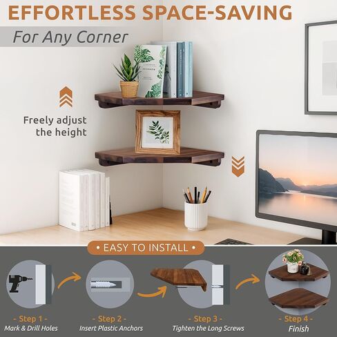 Corner Shelf Wall Mount, Set of 2 Solid Acacia Wood 11.8 x 16.5 inches Floating Corner Shelves, Smooth - Durable - Attractive Corner Shelves for Bedroom Living Room Bathroom Kitchen (Black) in Kuwait