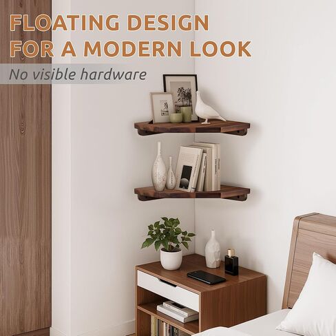 Corner Shelf Wall Mount, Set of 2 Solid Acacia Wood 11.8 x 16.5 inches Floating Corner Shelves, Smooth - Durable - Attractive Corner Shelves for Bedroom Living Room Bathroom Kitchen (Black) in Kuwait