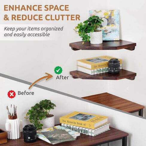 Corner Shelf Wall Mount, Set of 2 Solid Acacia Wood 11.8 x 16.5 inches Floating Corner Shelves, Smooth - Durable - Attractive Corner Shelves for Bedroom Living Room Bathroom Kitchen (Black) in Kuwait