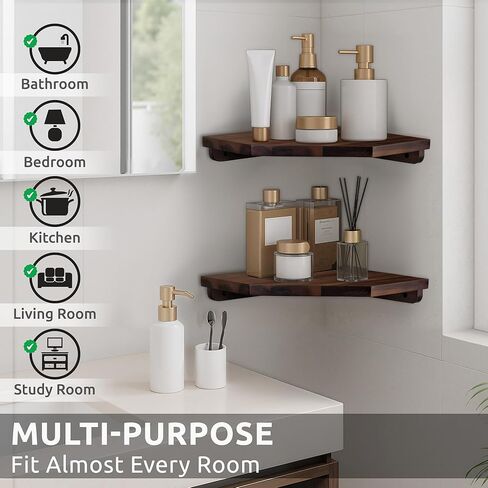 Corner Shelf Wall Mount, Set of 2 Solid Acacia Wood 11.8 x 16.5 inches Floating Corner Shelves, Smooth - Durable - Attractive Corner Shelves for Bedroom Living Room Bathroom Kitchen (Black) in Kuwait