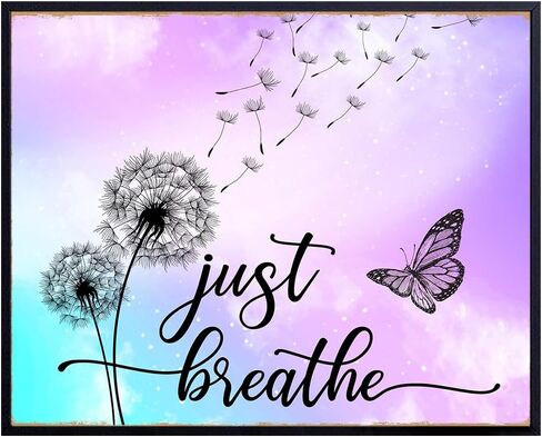 Just Breathe Wall Art - positive Quotes Purple Office Wall Decor for Women - Farmhouse Bedroom Inspirational Wall Decor - Motivational Wall Decor Shabby Chic Art - Zen Spa Wall Art, Butterfly Wall Art in Saudi Arabia