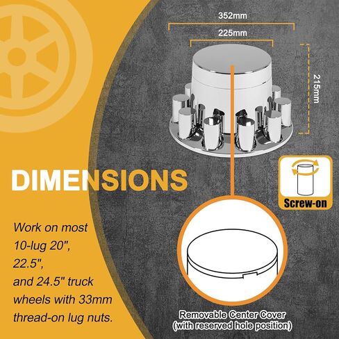 33mm Axle Cover Chrome ABS Flat Top Combo Kit with 33mm Thread-on Lug Nut Covers 2 Front and 4 Rear Axle Wheel Covers and Removable Center Caps for Semi Trucks in Kuwait