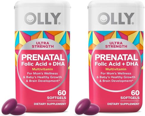 OLLY Ultra Strength Prenatal Multivitamin Softgels, Supports Healthy Growth, Brain Development, Iron, Folic Acid, DHA, Vitamins C, E, 30 Day Supply-60 Count (Packaging May Vary) in Kuwait