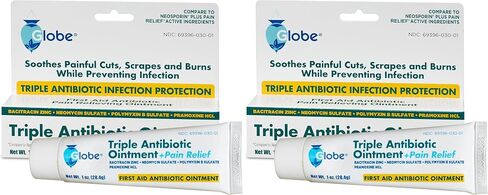Globe Triple Antibiotic + Pain Relief Dual Action Ointment 1oz | First Aid Antibiotic | Soothes Pain, Cuts, Burns and Scrapes | 24 Hour Infection Protection (1 Tube) in Kuwait