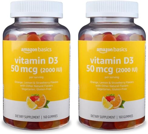 Amazon Basics فيتامين D3 2000 IU Gummies، البرتقال والليمون والفراولة، 160 عدد (2 لكل وجبة) (سوليمو سابقًا) in Kuwait