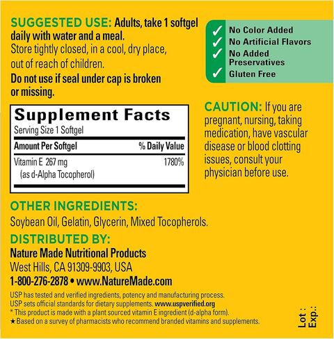Nature Made Vitamin E 267 mg (400 IU) d-Alpha، مكمل غذائي لدعم مضادات الأكسدة، 100 كبسولة هلامية، كمية تكفي 100 يوم in Kuwait