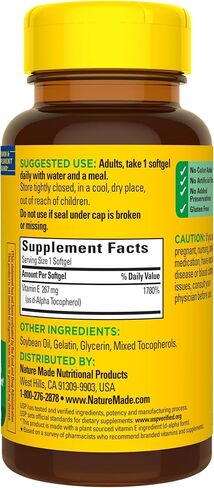 Nature Made Vitamin E 267 mg (400 IU) d-Alpha، مكمل غذائي لدعم مضادات الأكسدة، 100 كبسولة هلامية، كمية تكفي 100 يوم in Kuwait