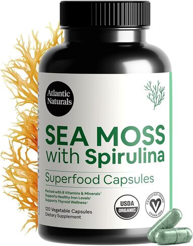 Atlantic Naturals Organic Sea Moss with Spirulina Superfood Capsules | Support Healthy Iron, Immune Health, and Energy | 120 Irish Moss Caps per Bottle | Alternative to Sea Moss Gel, Sea Moss Powder in Kuwait